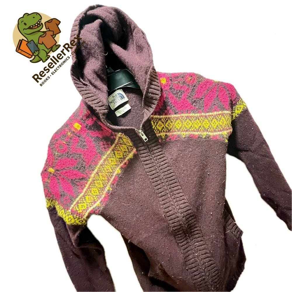 The North Face Full Zip Hoodie Sweater Kids Small Purple Fair Isle Good Knit